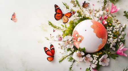 A stunning composition featuring a vibrant globe encircled by delicate flowers and colorful butterflies, symbolizing the beauty and harmony of nature in spring.の素材
