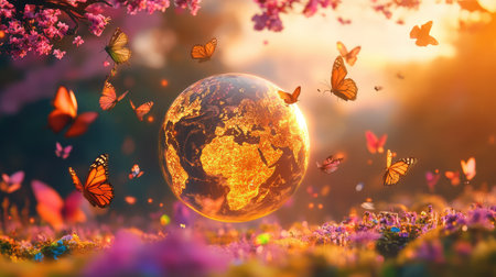 This enchanting image showcases the Earth enveloped by a myriad of colorful butterflies, surrounded by blooming flowers during a serene sunset, evoking magic and beauty in nature.の素材
