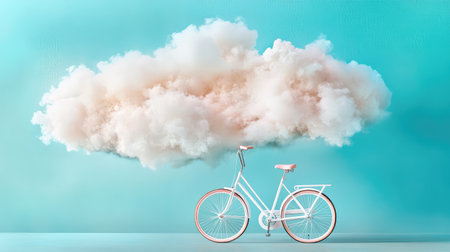A beautiful white bicycle sits elegantly beneath a fluffy pink cloud against a soft blue background. This imaginative scene evokes feelings of freedom, tranquility, and creativity. Ideal for inspiring designs and artistic projects.の素材