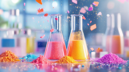 A vibrant display of beakers filled with bright liquids next to colorful powdered substances, showcasing a lively laboratory environment ideal for scientific exploration.の素材