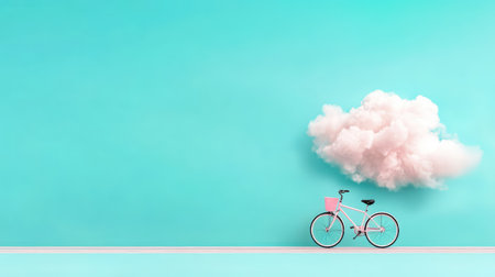 A whimsical and vibrant minimalist scene featuring a pastel bicycle next to a fluffy pink cloud against a bright turquoise backdrop, symbolizing joy and freedom.の素材