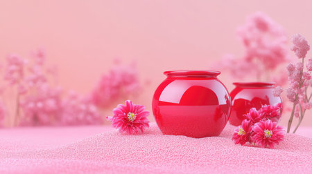 This stunning image features bright red vases surrounded by delicate flowers on a soft pink sand background, ideal for elegant home decor and artistic presentations.の素材