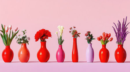 This vibrant image features an array of beautifully arranged flower vases in various shapes and colors, set against a soft pink background, perfect for home decor inspiration.の素材