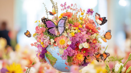 A stunning floral display showcases vibrant flowers and butterflies, arranged around a globe. This artistic piece symbolizes the beauty of nature and environmental harmony.の素材