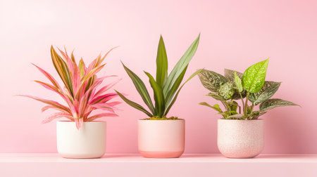 This image showcases three vibrant indoor plants in stylish pots set against a soft pink backdrop, perfect for creating a stylish home decor atmosphere.の素材
