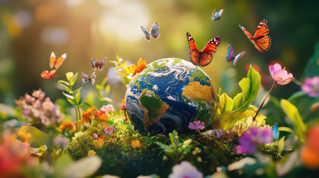 A stunning depiction of Earth surrounded by vibrant flowers and colorful butterflies in a lush green landscape, symbolizing harmony and natural beauty.の素材
