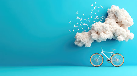 A serene and artistic scene featuring a white bicycle beside a vibrant blue wall. Fluffy clouds and birds add a whimsical touch to the atmosphere.の素材
