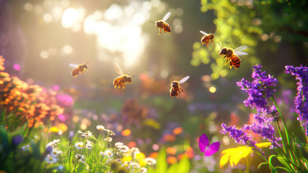 Witness a vivid scene of bees actively pollinating in a colorful garden filled with lush flowers and gentle sunlight, showcasing natureの素材