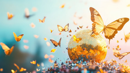 A captivating scene featuring butterflies dancing around a shimmering golden sphere amidst vibrant flowers, capturing the essence of natureの素材