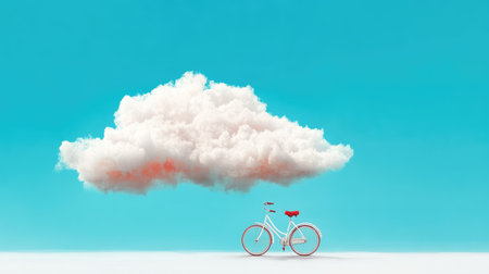 A whimsical scene featuring a white bicycle placed beneath a fluffy cloud against a striking blue sky. This composition evokes feelings of serenity and creativity.の素材