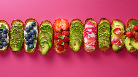 A vibrant display of colorful toast topped with creamy avocado, fresh berries, and delicate garnishes against a bright pink background, perfect for healthy food inspiration.の素材