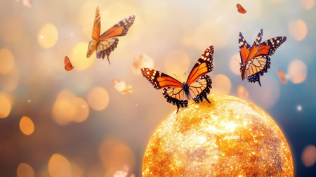 A mesmerizing scene with colorful butterflies flying above a bright glowing sun, creating a magical and dreamy atmosphere that evokes joy and wonder.の素材