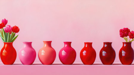 This vibrant still life image showcases colorful vases filled with fresh tulips against a soft pink background, embodying modern elegance and seasonal charm.の素材