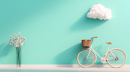A charming interior scene featuring a vintage bicycle with a wicker basket against a bright turquoise wall, complemented by a fluffy cloud and fresh flowers, creating a cheerful atmosphere.の素材