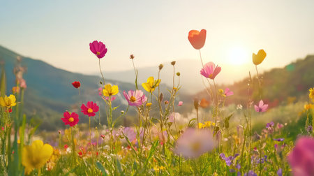 A breathtaking scene of vibrant wildflowers swaying gently in the morning light, capturing the essence of spring and the beauty of nature.の素材
