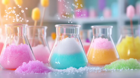 This image features a collection of vibrant laboratory flasks filled with colorful powders. Bubbling activity adds an element of excitement to the scene, set against a blurred background.の素材