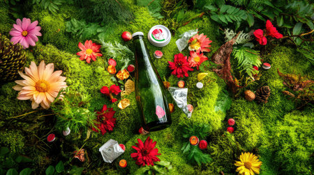 A captivating nature scene featuring a glass bottle nestled among vibrant flowers and lush greenery, creating a harmonious and fresh outdoor atmosphere.の素材