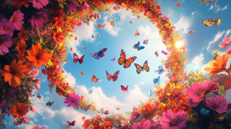 Experience a whimsical nature scene filled with vibrant flowers and colorful butterflies dancing in a clear blue sky, creating a serene atmosphere.の素材