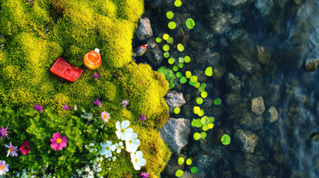 This vibrant aquatic scene showcases colorful flowers, lush greenery, and a goldfish swimming in a tranquil pond, capturing nature's serene beauty.の素材