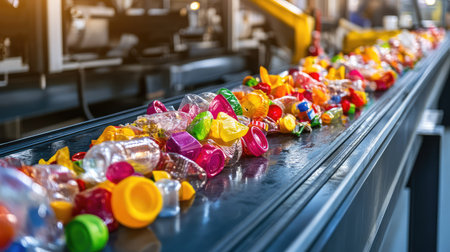 A vibrant array of plastic items scattered on a conveyor belt at a recycling facility, highlighting the importance of waste management and environmental care.の素材