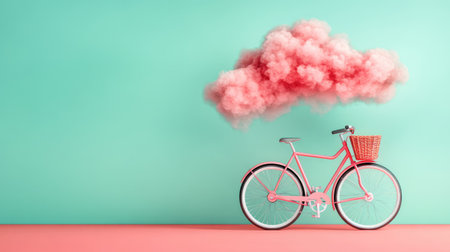 A whimsical pink bicycle with a wicker basket sits against a vibrant pastel background, featuring a fluffy pink cloud above, inspiring joy and creativity.の素材