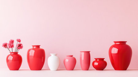 A captivating display of colorful ceramic vases, featuring a variety of shapes and sizes, complemented by delicate flowers against a soft pink backdrop.の素材