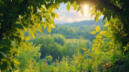 A breathtaking view of a lush green landscape framed by vibrant leaves, capturing the peaceful essence of nature at golden hour. The sunlight enhances the tranquility, making it an ideal scene for relaxation and connection with the outdoors.の素材