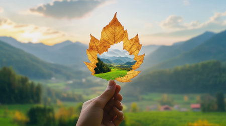 A captivating image of a hand holding a golden autumn leaf that frames a serene mountain landscape under a beautiful sunset sky. Perfect for nature-themed projects.の素材