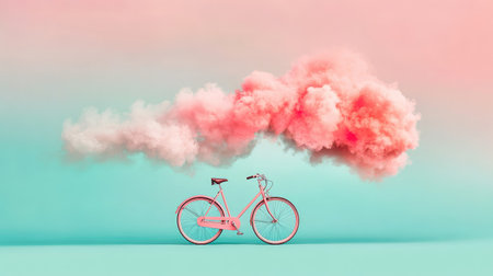 A charming pink bicycle stands elegantly against a vivid abstract background, featuring a whimsical colorful cloud. Perfect for creative projects.の素材