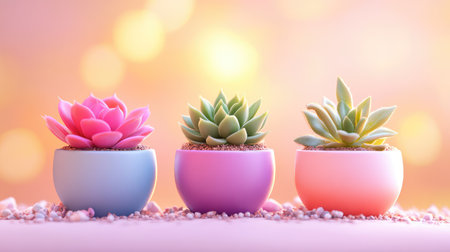 Three vibrant succulent plants in colored pots create a stunning display against a soft blurred background, perfect for home dの素材