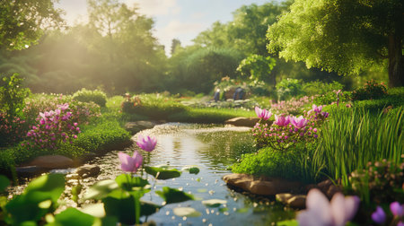 A picturesque garden landscape showcasing blooming flowers beside a gentle stream. The scene captures the essence of tranquility, bathed in soft morning light, inviting viewers to experience nature's serene beauty.の素材