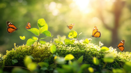 A stunning scene showcasing vibrant monarch butterflies gracefully flying amidst lush greenery. Soft sunlight creates a tranquil atmosphere, perfect for nature lovers.の素材
