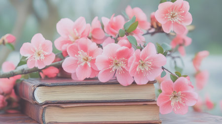 A stunning composition of pink flower branches gracefully placed on stacked antique books, creating a serene and inviting atmosphere perfect for spring decor.の素材