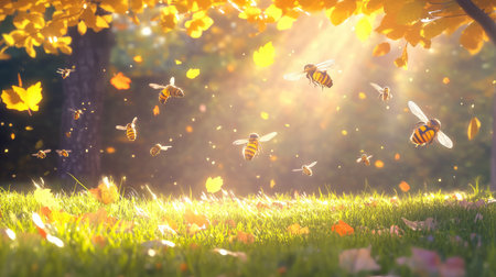 A stunning autumn landscape showcasing bees in flight as they navigate through falling golden leaves. Sunlight filters through trees, creating a tranquil ambiance.の素材