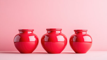 This image features three glossy red vases artistically arranged against a soft pink background. The vibrant colors and sleek design create a modern aesthetic ideal for home decoration or artistic inspiration.の素材