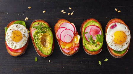 A vibrant display of healthy toast varieties featuring fried eggs, fresh avocado, colorful radishes, and microgreens on a rustic wooden surface.の素材