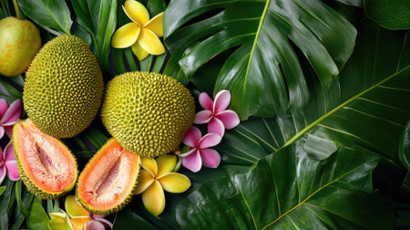 Discover an exquisite tropical arrangement showcasing ripe jackfruits amidst lush green leaves and vibrant flowers, perfect for culinary or decor inspiration.の素材