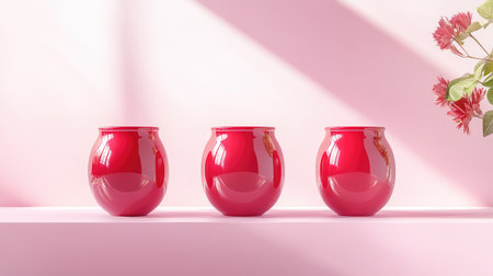 A captivating arrangement of three glossy red vases resting on a light pink surface, featuring soft shadows and subtle floral accents in the background.の素材
