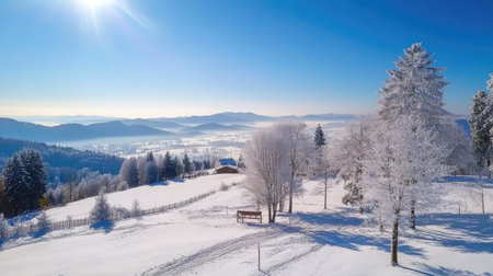 A stunning winter landscape featuring snow-covered trees and distant mountains, illuminated by bright sunlight against a clear blue sky, evoking tranquility and peace.の素材