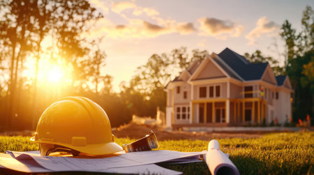 This stunning image captures a construction site at sunset, highlighting a yellow hard hat and blueprints in the foreground, with an unfinished house under the warm glow of the sun.の素材