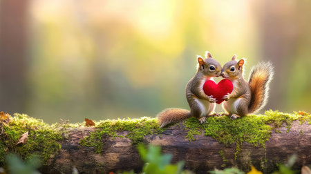Two charming squirrels hold a bright red heart while standing on a moss-covered log, embodying love and affection in a serene autumn forest setting.の素材