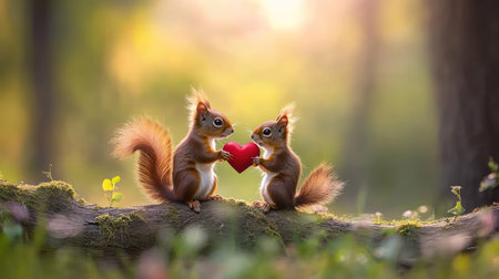 This enchanting photograph captures two adorable squirrels holding a bright red heart, symbolizing love and affection amid a peaceful forest setting. The warm sunlight filters through the trees, creating a magical atmosphere.の素材