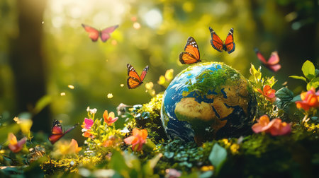 An enchanting scene of Earth surrounded by butterflies and flowers in a sunlit forest. This image embodies the beauty of nature, showcasing vibrant colors and a serene atmosphere.の素材