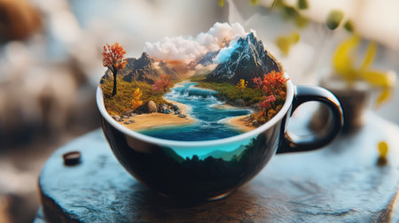 A captivating scene of a serene landscape tucked inside a coffee cup, featuring a flowing river, towering mountains, and vibrant autumn trees, inspiring creativity.の素材