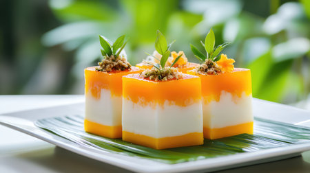 A visually appealing layered dessert featuring coconut cream and mango, elegantly presented on a plate. Perfect for events or culinary showcases.の素材