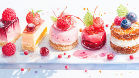 This stunning image showcases an assortment of colorful miniature cakes and pastries beautifully arranged on a white plate, garnished with fresh berries and sweet sauce.の素材