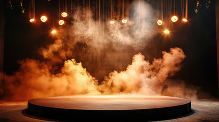 This visually striking image captures a dramatic stage prepared for performances, featuring spotlights and swirling fog, creating an atmospheric setting perfect for theater events.の素材