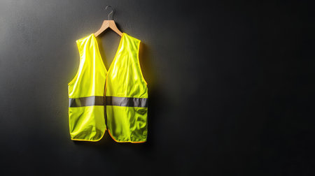 A bright yellow safety vest displayed against a black background, emphasizing its high visibility and essential role in construction and outdoor work.の素材