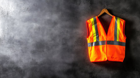 A high-visibility orange safety vest is displayed on a wooden hanger against a textured dark gray background, showcasing its reflective stripes for safety in work environments.の素材