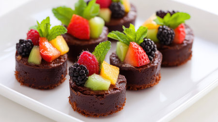These mini chocolate cakes are beautifully arranged with fresh fruit and mint leaves, creating an elegant dessert perfect for any celebration or gathering.の素材